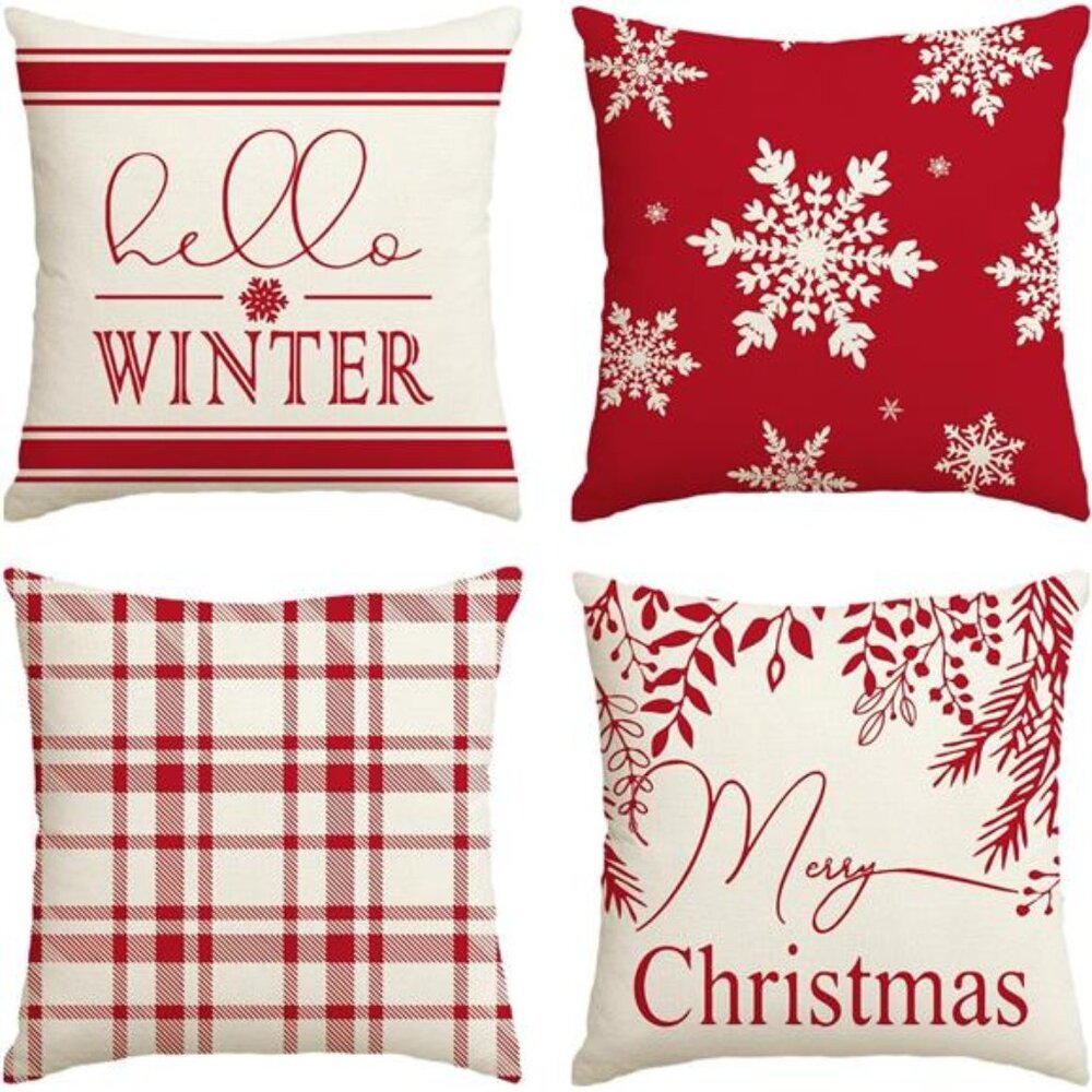 Merry Christmas Hello Winter Buffalo Plaid Snowflake Red Throw Pillow Cover